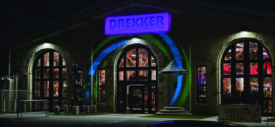Drekker Brewing building lit with theatrical lighting