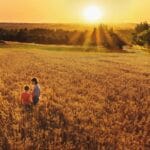 A farm family standing in a wheat field at sunset